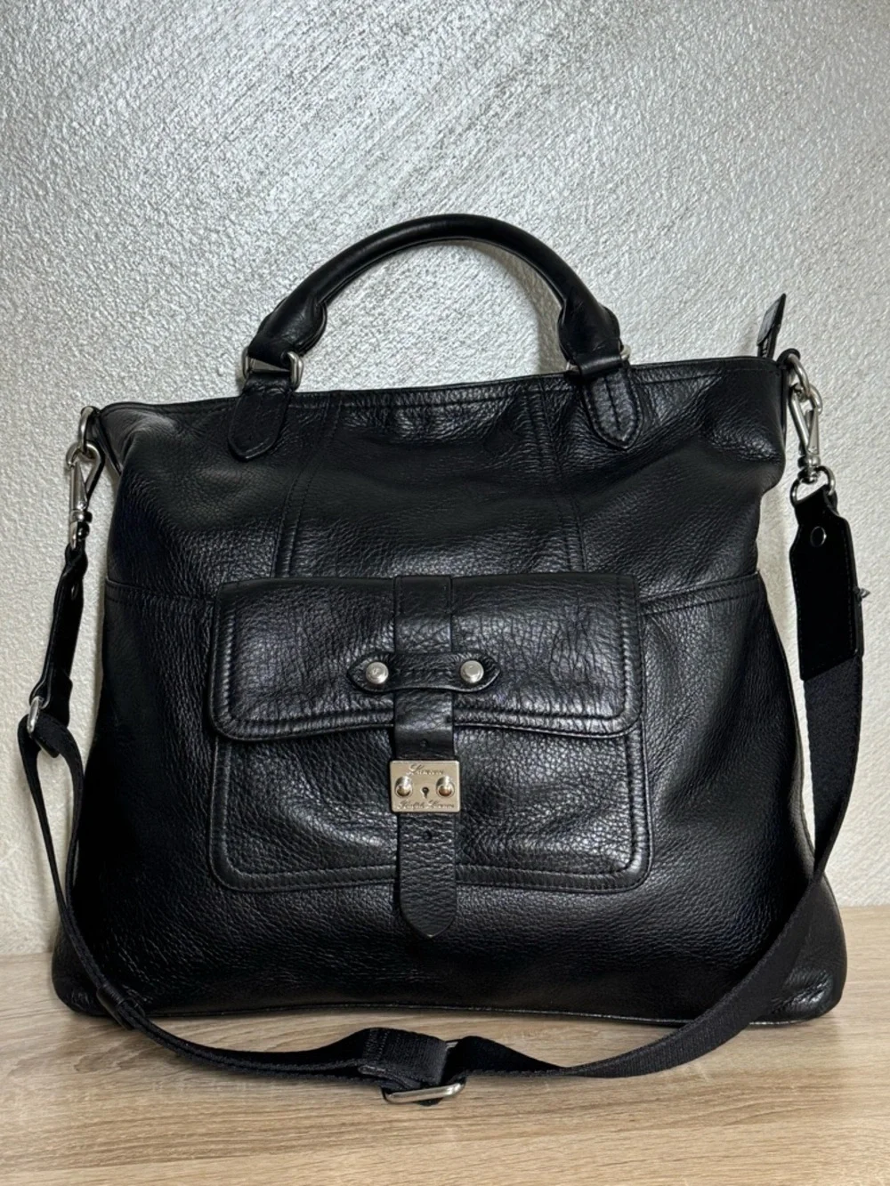 Lauren Ralph Lauren Black Pebbled Leather Tote 2-Way Satchel Bag
